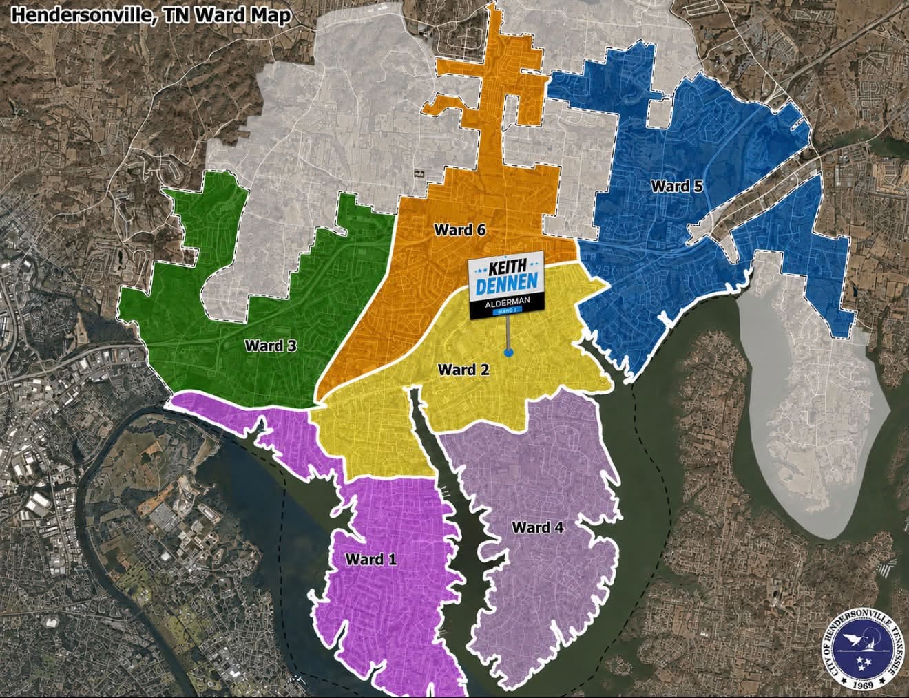 Map of Hendersonville, Tennessee showing Ward 2 and the surrounding wards